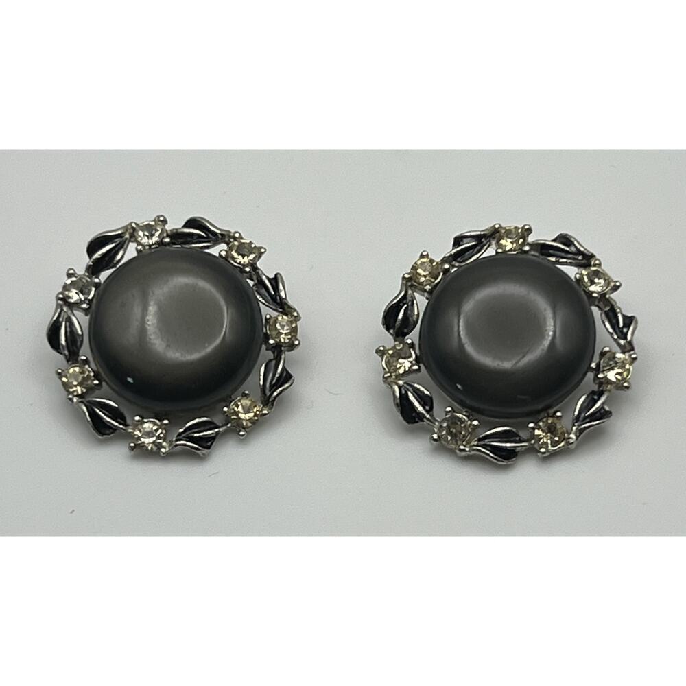Vintage Silver Tone Gray Black Thermoset Lucite Rhinestone Costume Earrings